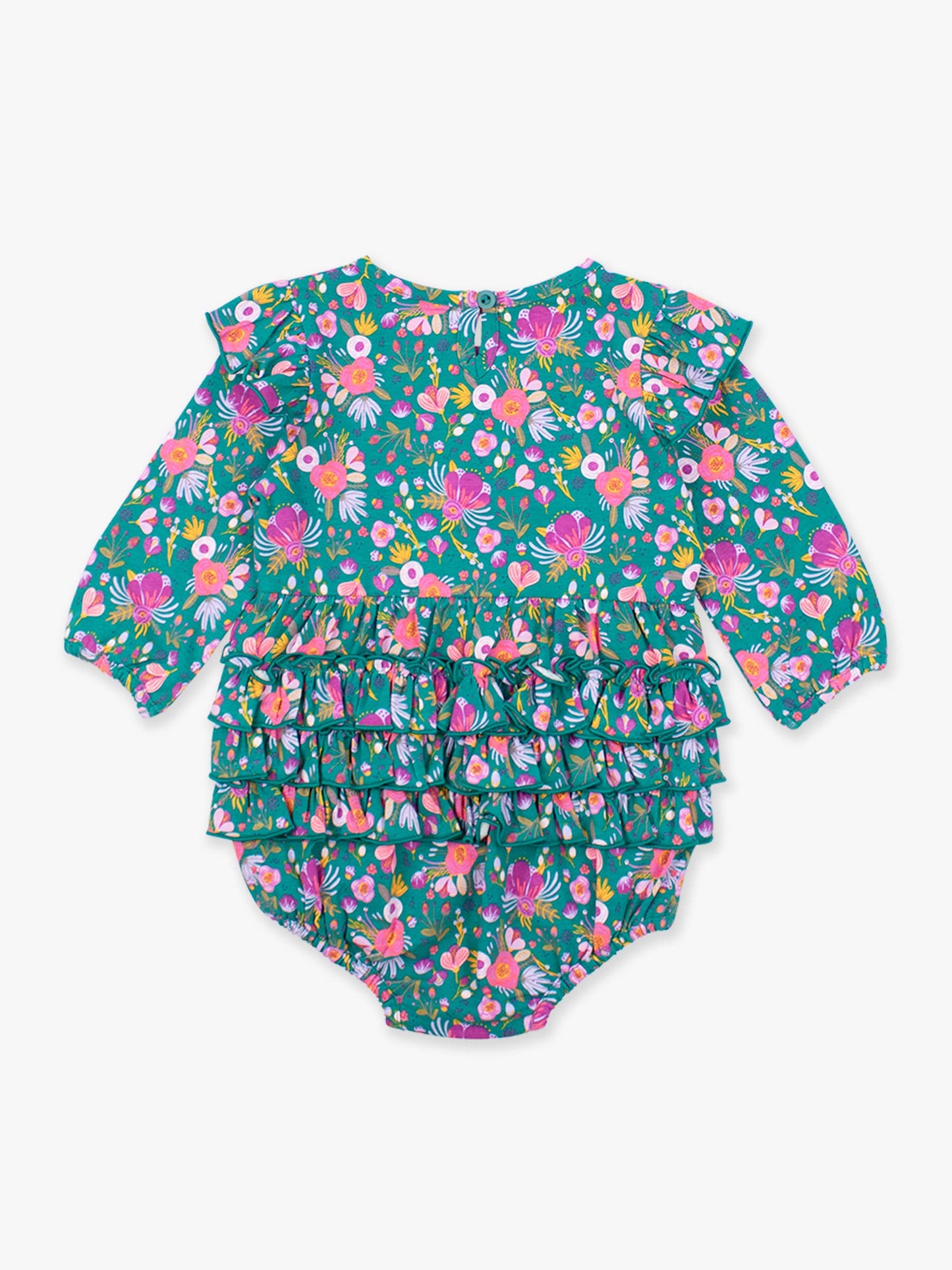 Baby Girls Emerald Floral Knit Long Sleeve Flutter Bubble Romper