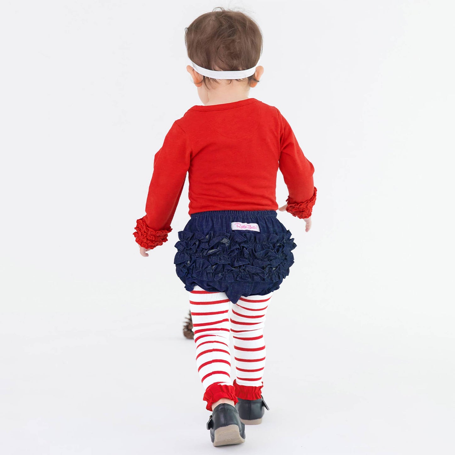 Girls Red & White Stripe Patterned Footless Ruffle Tights