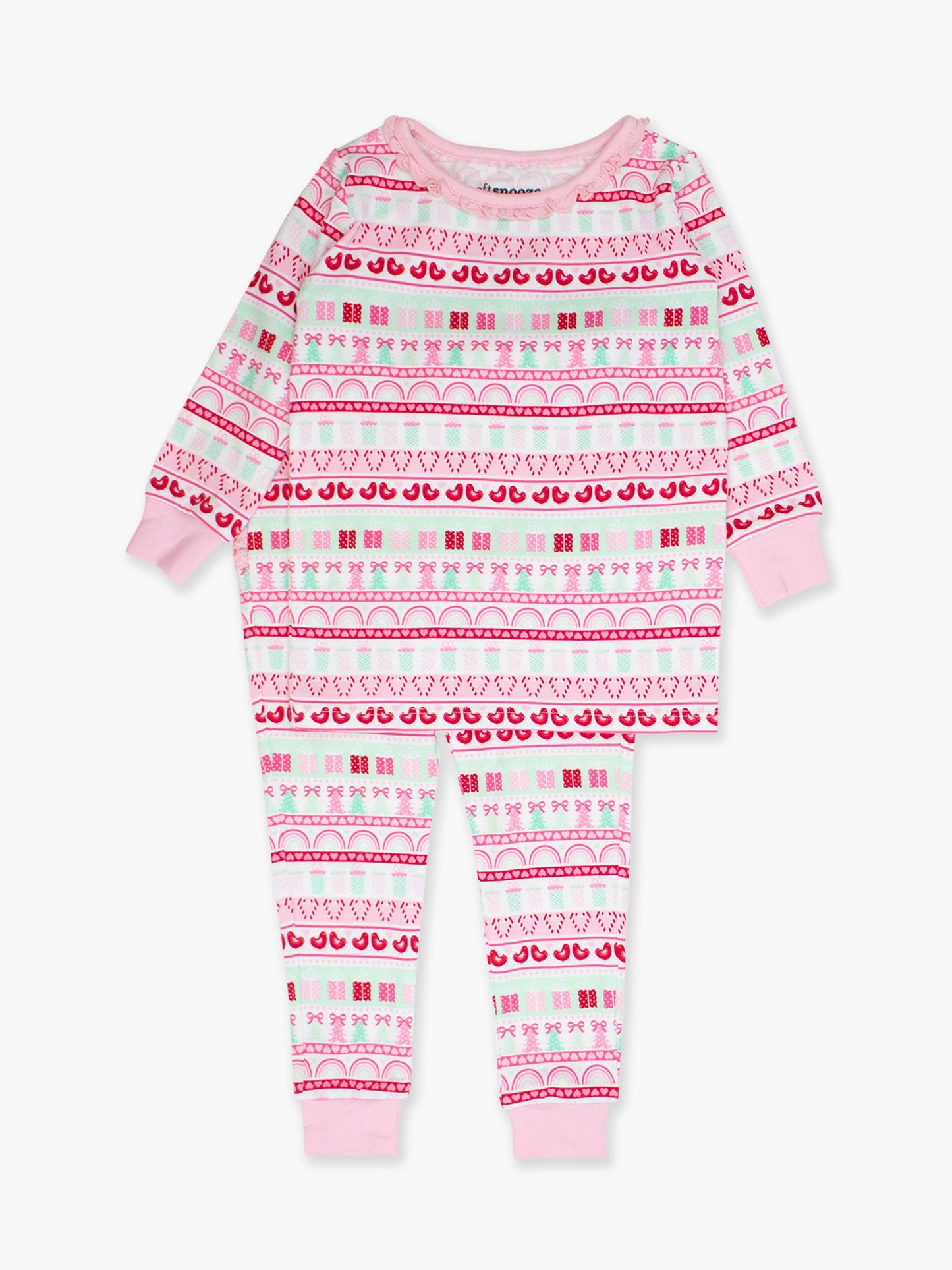 SoftSnooze™ Toddler Girls Cotton Modal Pinkmas Fair Isle Ruffle Long Sleeve Pajama Set with Signature Rear Ruffles