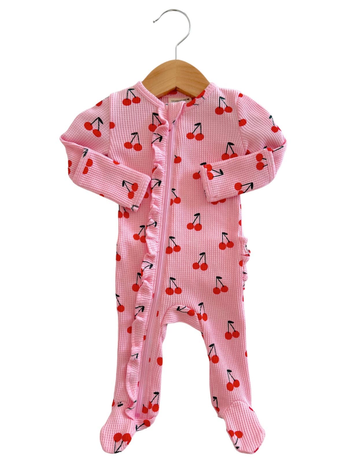 Organic Waffle 2-Way Zip Ruffle Footie, Pink Cherries