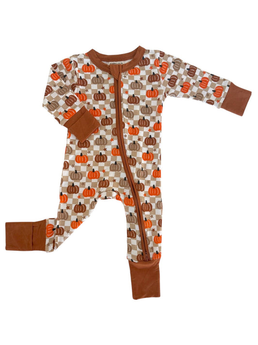 2-Way Convertible Zip Romper, Pumpkin Checkerboard