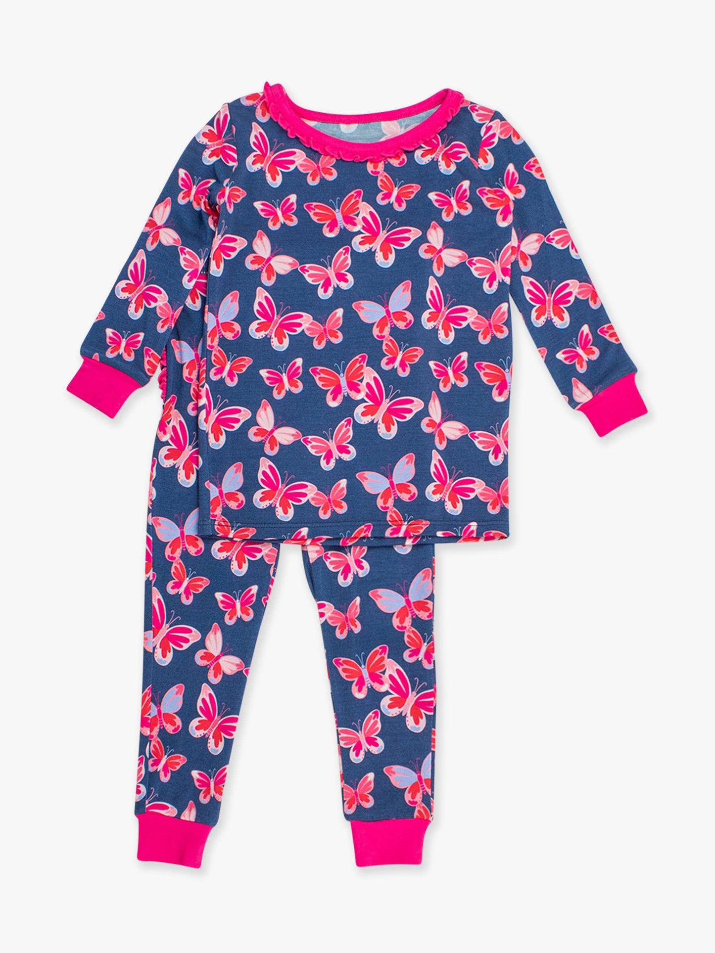 SoftSnooze™ Toddler Girls Bamboo Viscose Butterfly Bliss Ruffle Long Sleeve Pajama Set with Signature Rear Ruffles