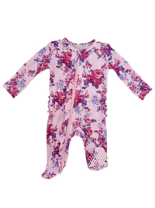 2-Way Zip Ruffle Footie, Violet Rose