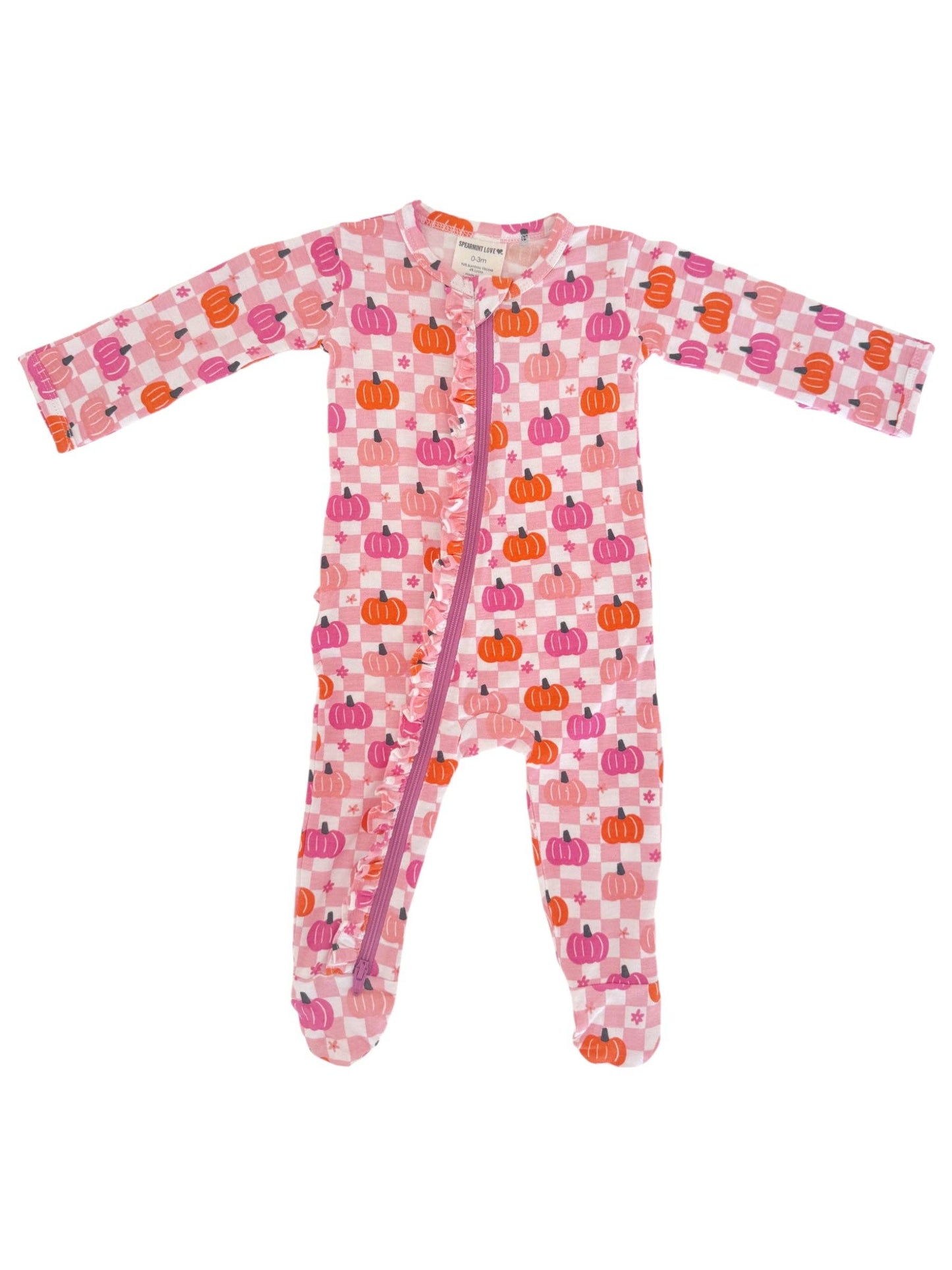 2-Way Zip Ruffle Footie, Pumpkin Checkerboard Pink