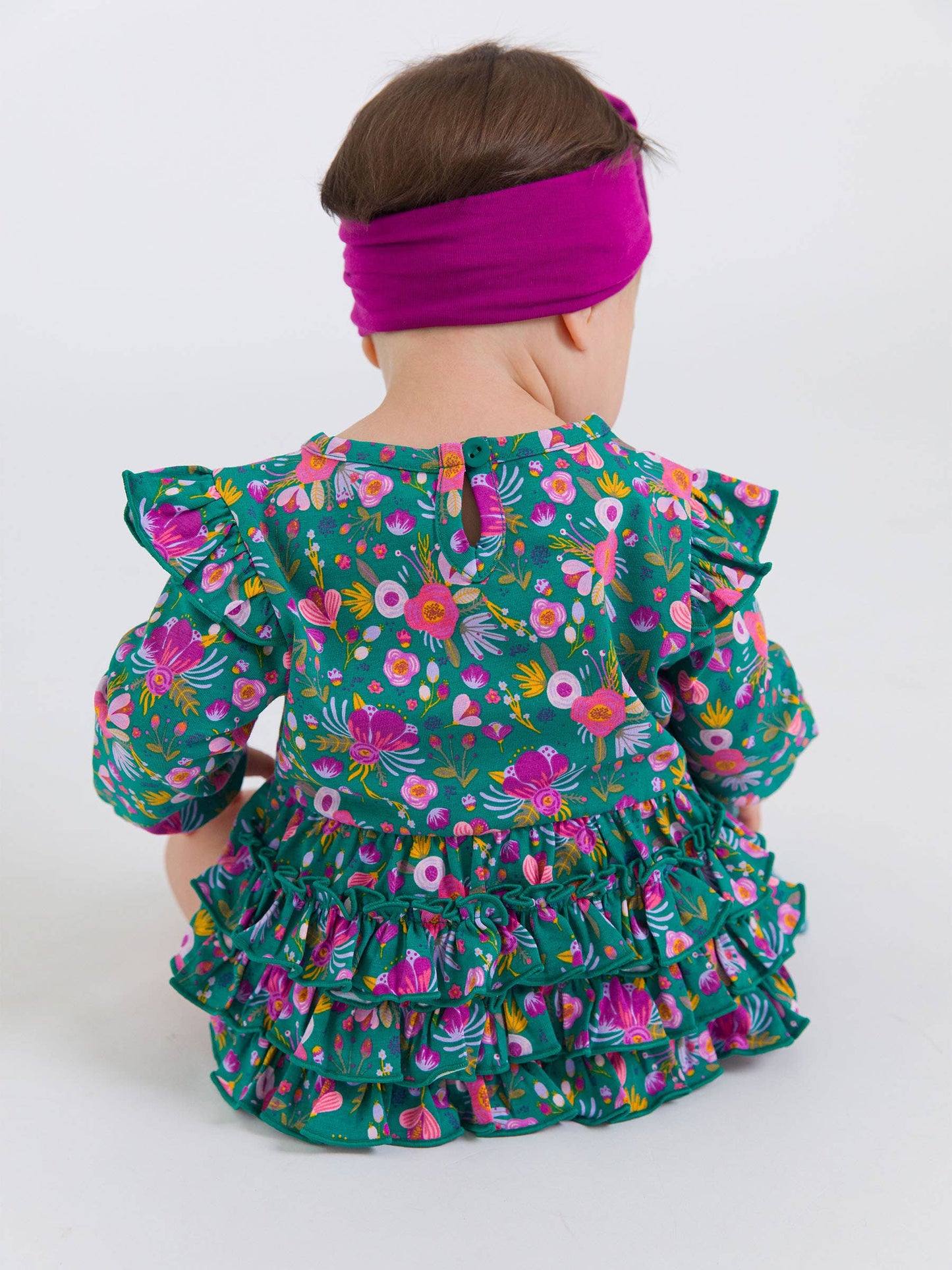 Baby Girls Emerald Floral Knit Long Sleeve Flutter Bubble Romper