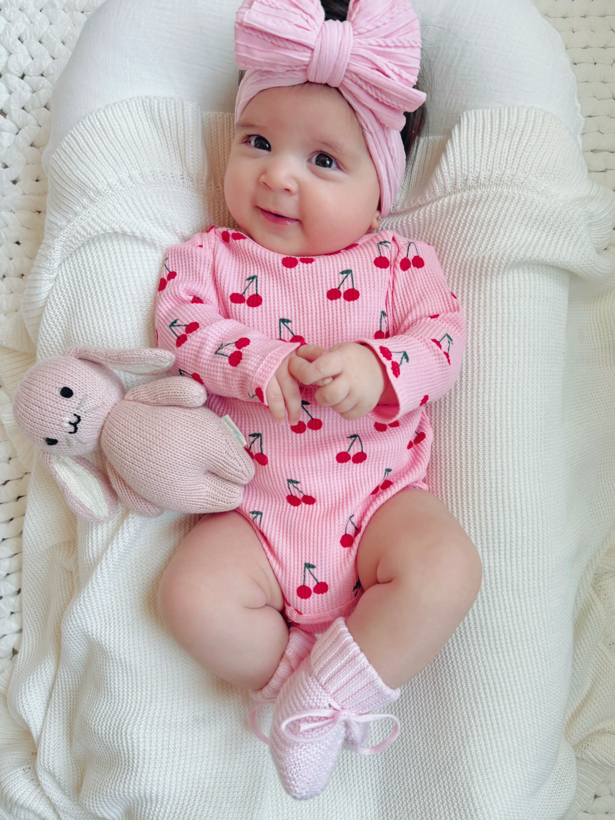 Organic Waffle Long Sleeve Bodysuit, Pink Cherries