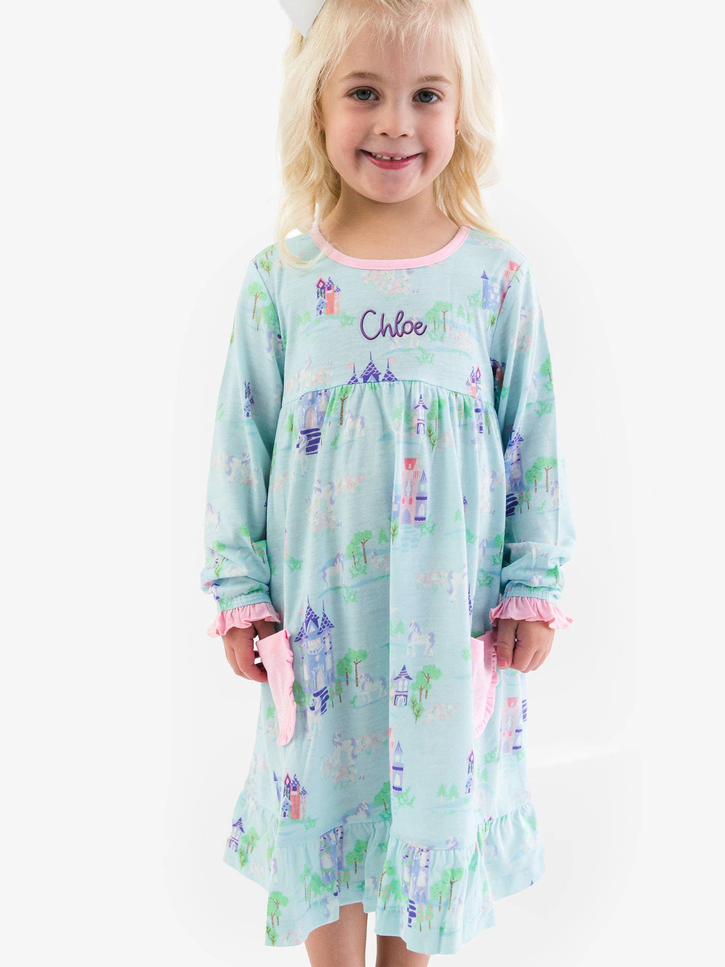 SoftSnooze™ Girls Once Upon a Castle Long Sleeve Ruffle Pocket Pajama Night Gown