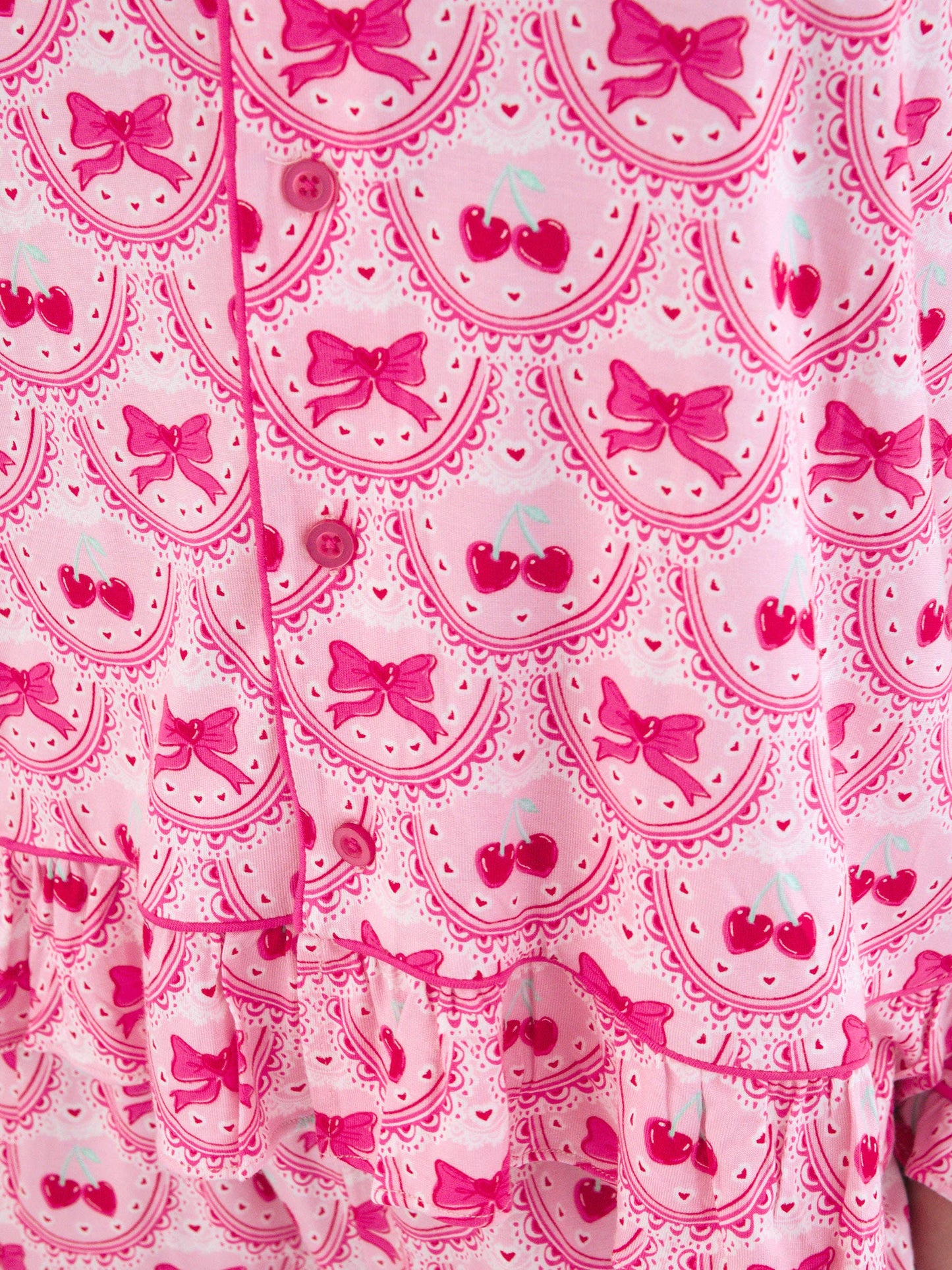 SoftSnooze™ Women's Bamboo Viscose Love You Cherry Much Long Sleeve Button Up Ruffle Flare Pajama Set