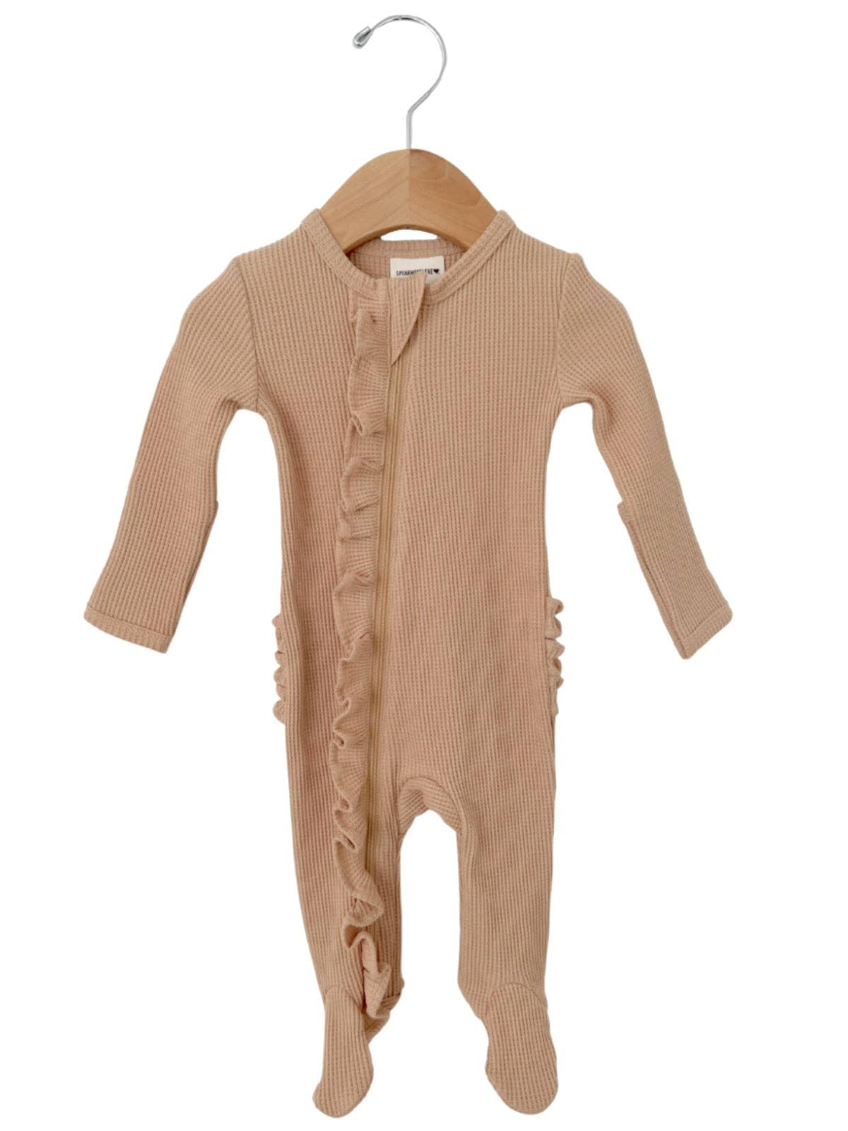 Organic Waffle 2-Way Zip Ruffle Footie, Tan