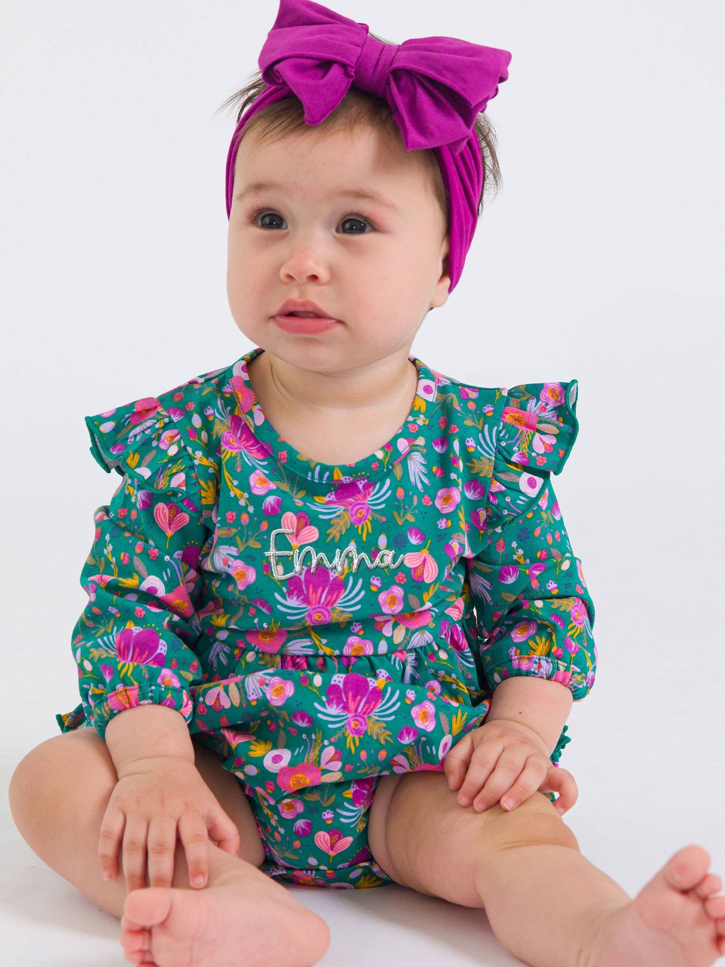 Baby Girls Emerald Floral Knit Long Sleeve Flutter Bubble Romper