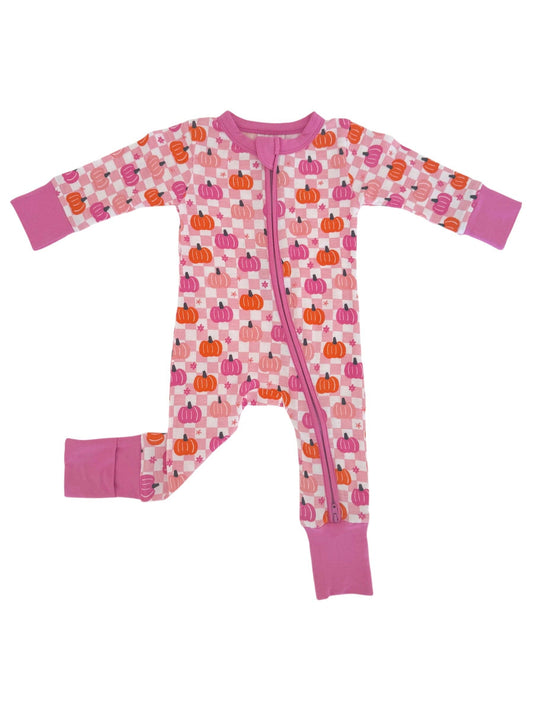2-Way Convertible Zip Romper, Pumpkin Checkerboard Pink