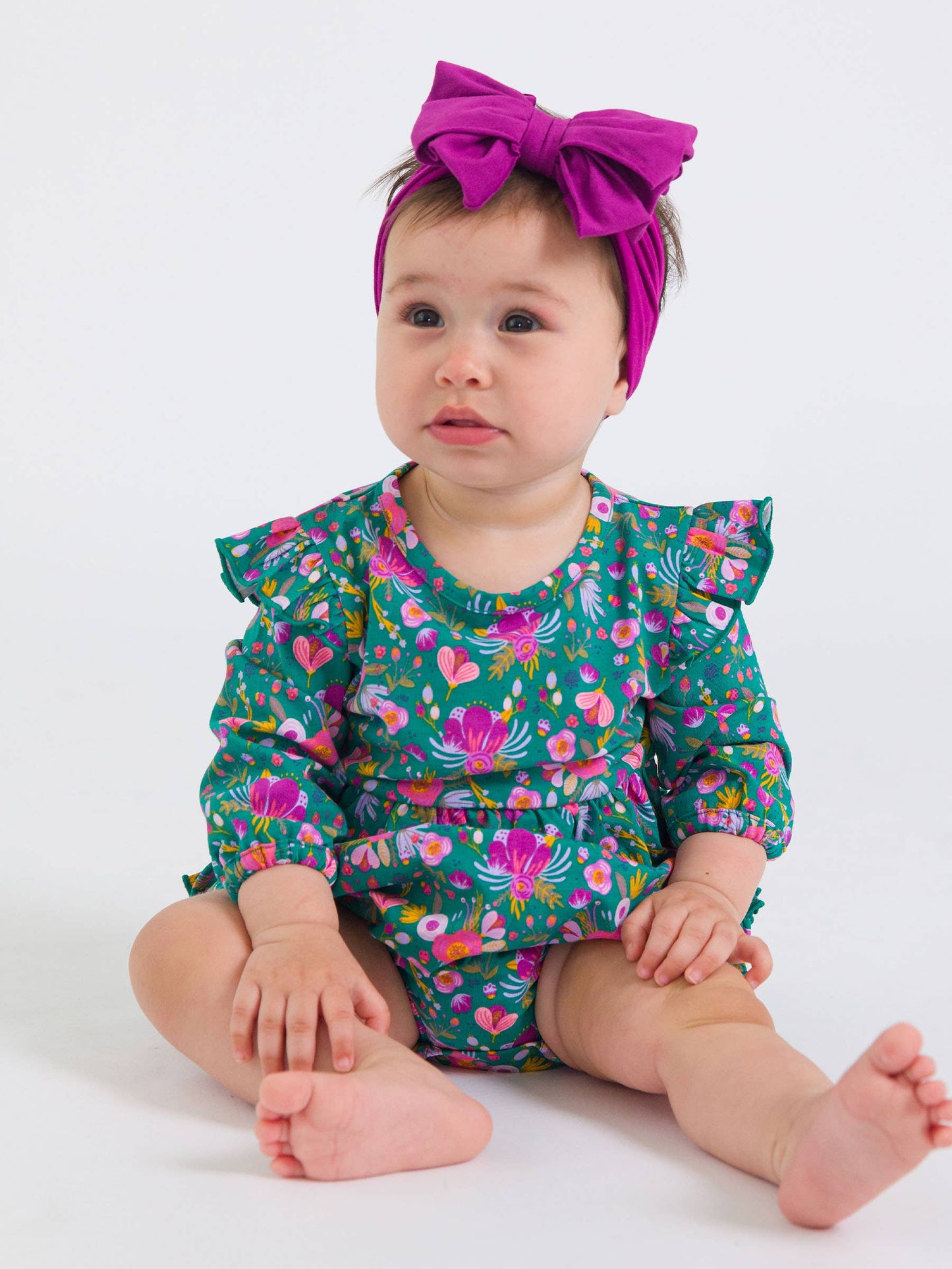 Baby Girls Emerald Floral Knit Long Sleeve Flutter Bubble Romper