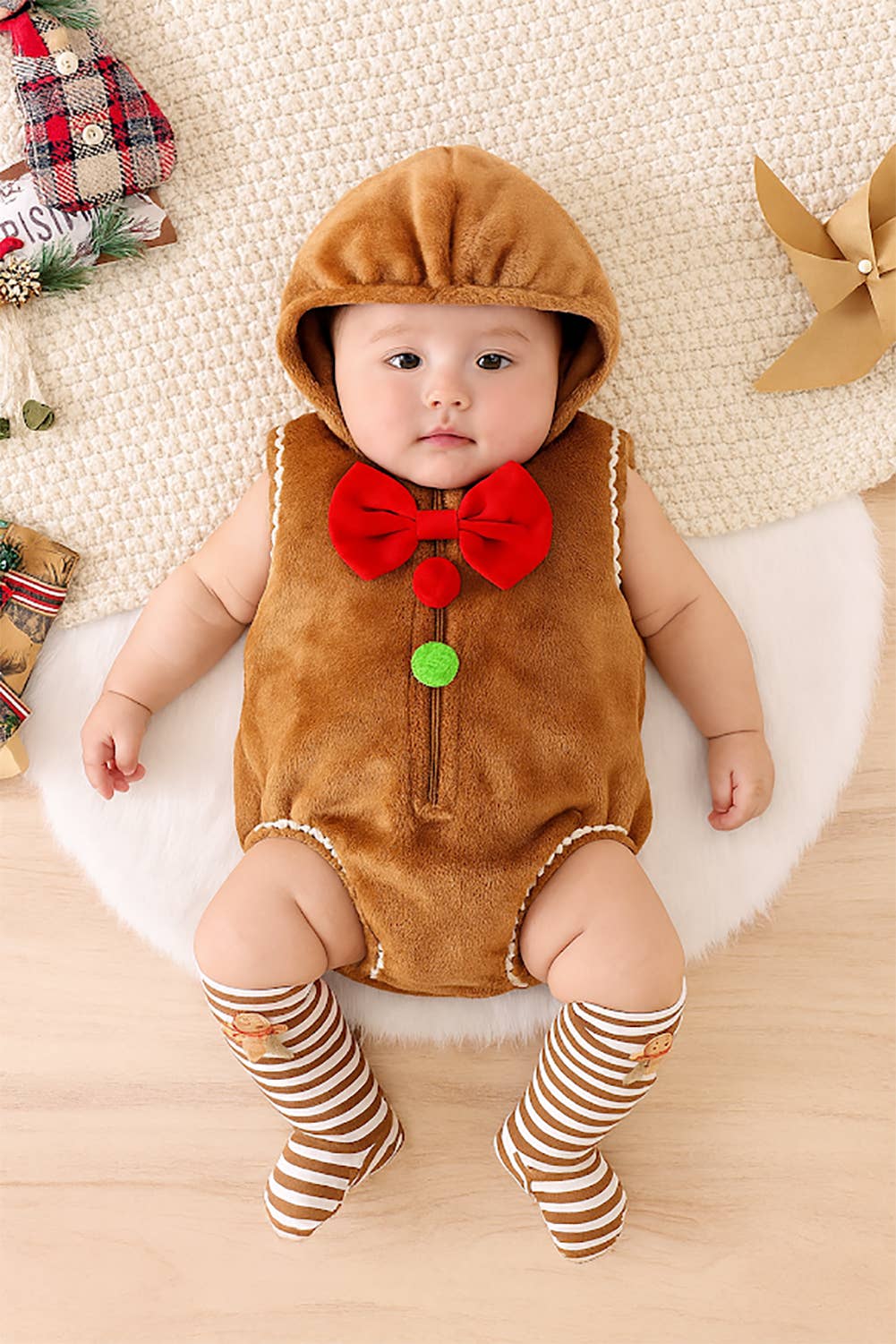 Brown Gingerbread Hooded 3-Piece Baby Romper & Socks
