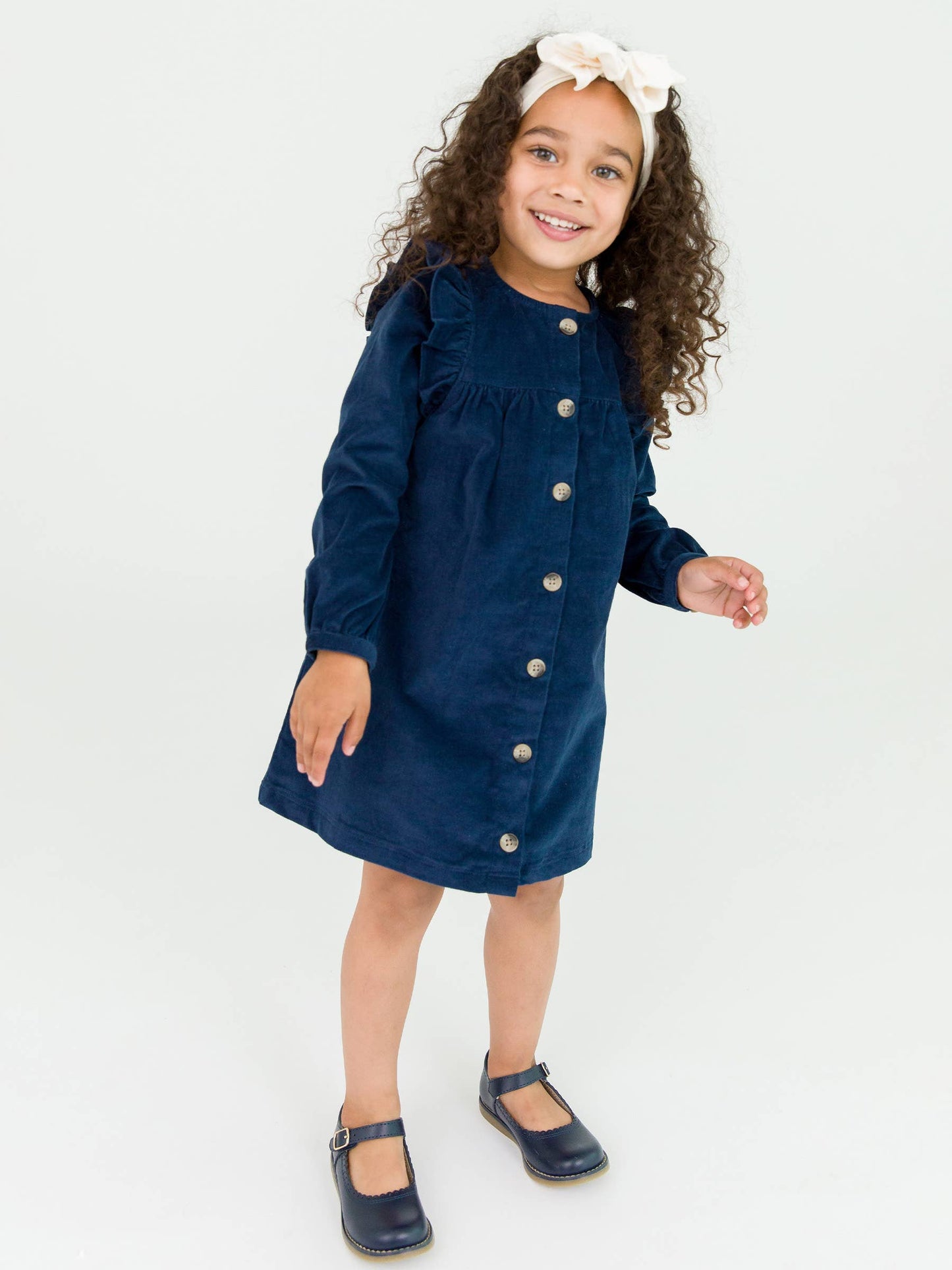 Girls Dark Navy Stretch Corduroy Ruffle Detail Dress