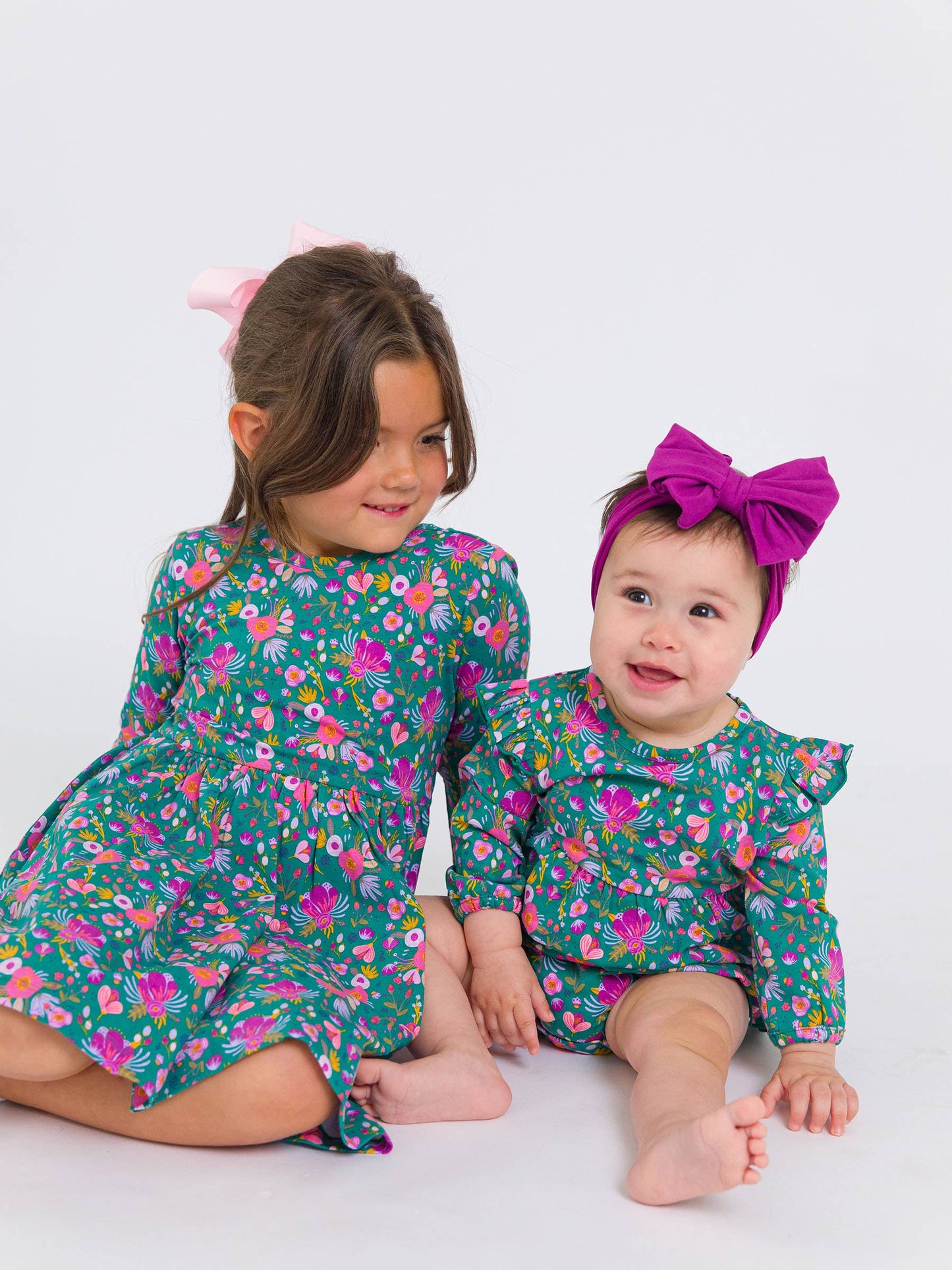 Baby Girls Emerald Floral Knit Long Sleeve Flutter Bubble Romper