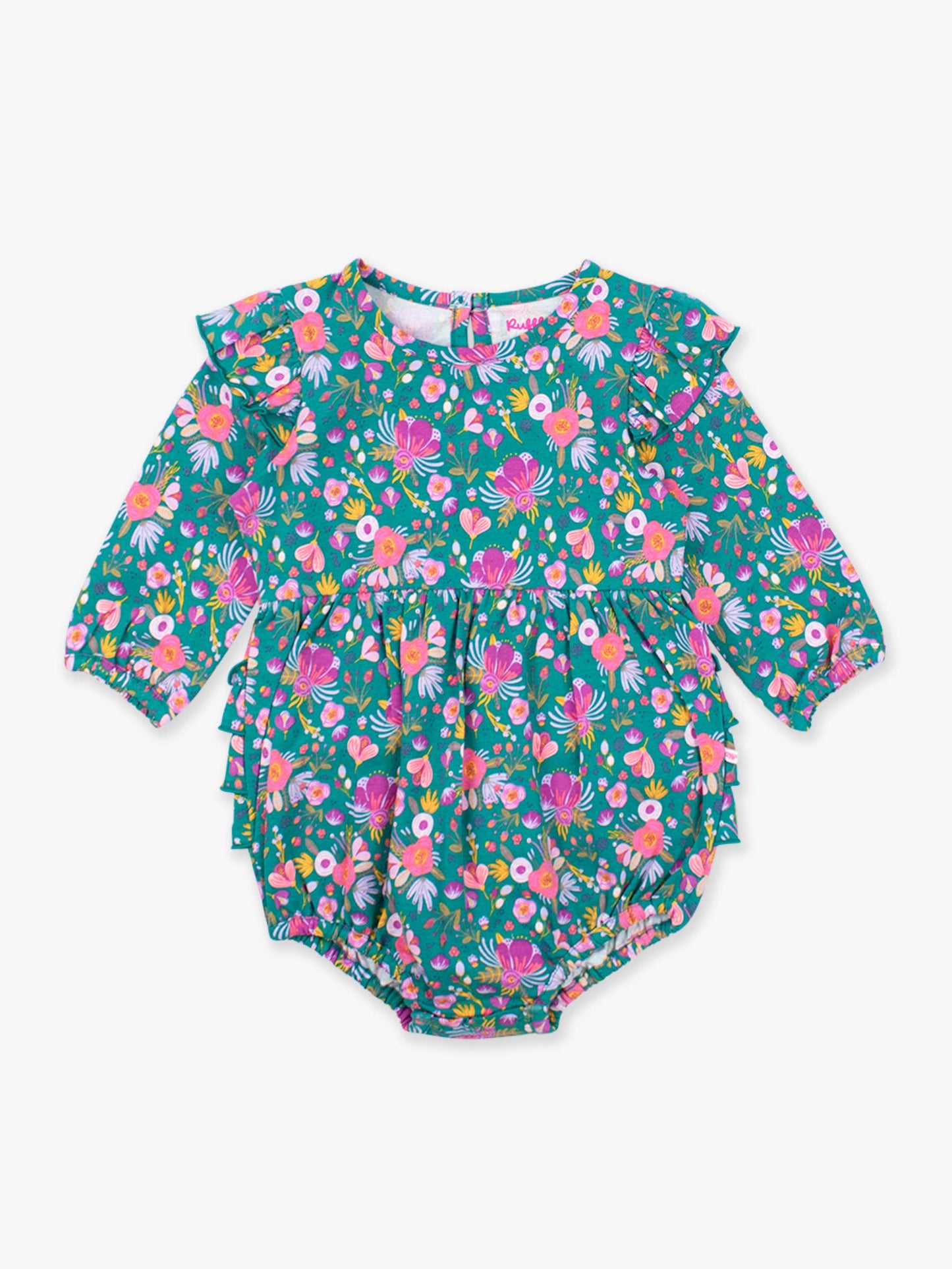 Baby Girls Emerald Floral Knit Long Sleeve Flutter Bubble Romper