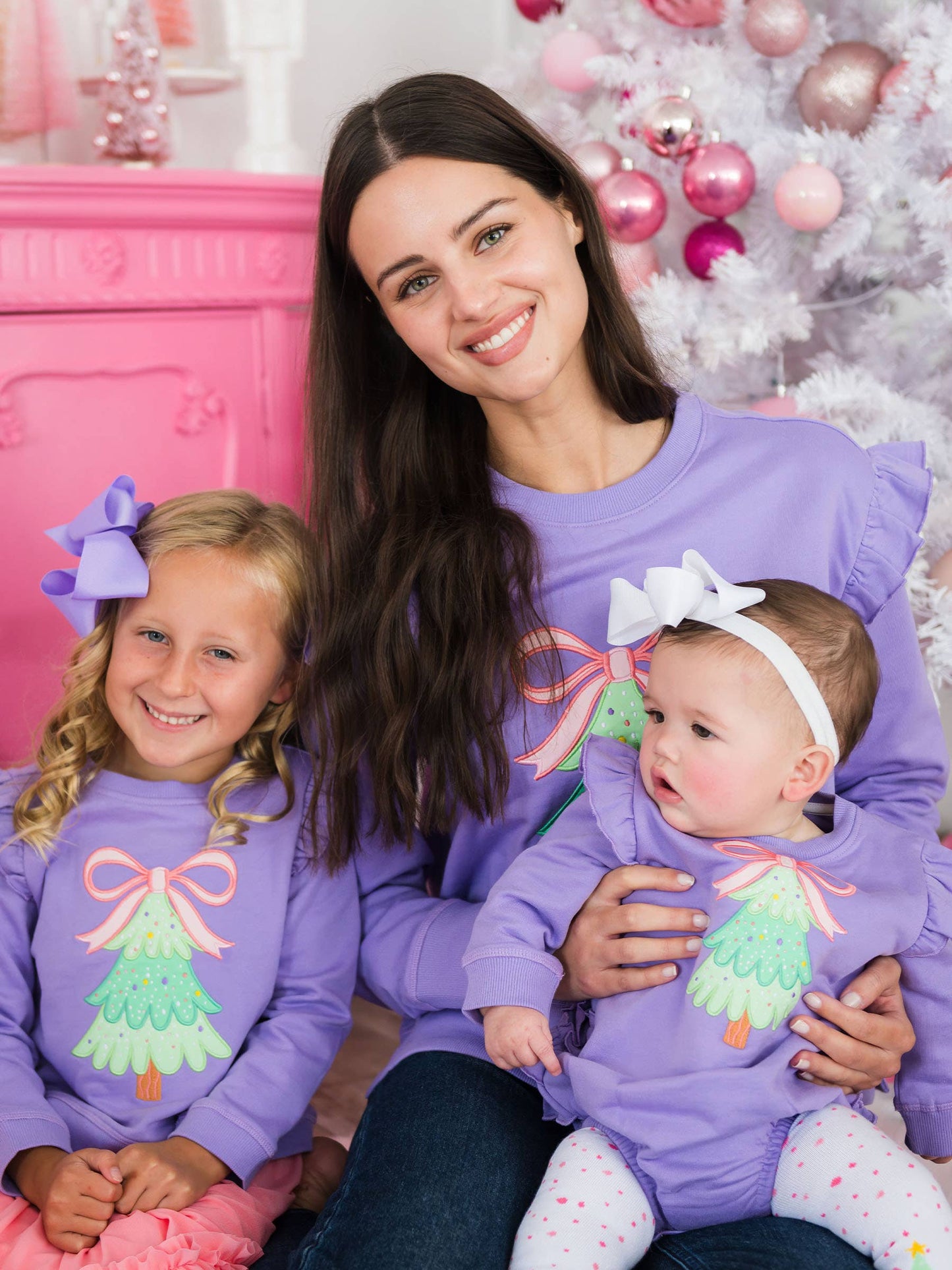 Girls Purple Twinkling Tree Bow Applique Flutter Sweatshirt