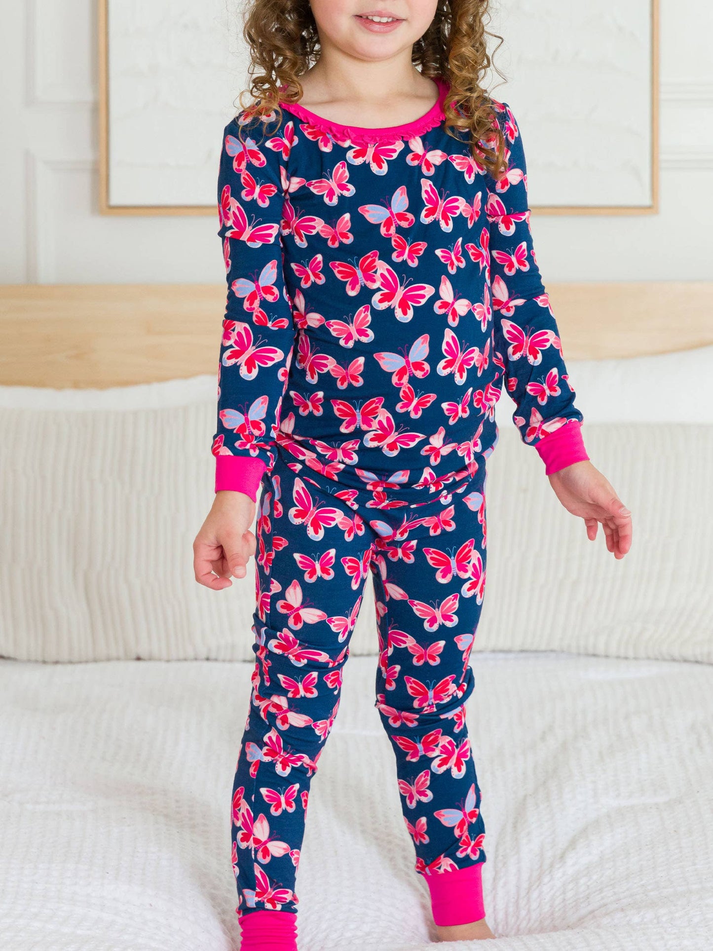 SoftSnooze™ Toddler Girls Bamboo Viscose Butterfly Bliss Ruffle Long Sleeve Pajama Set with Signature Rear Ruffles