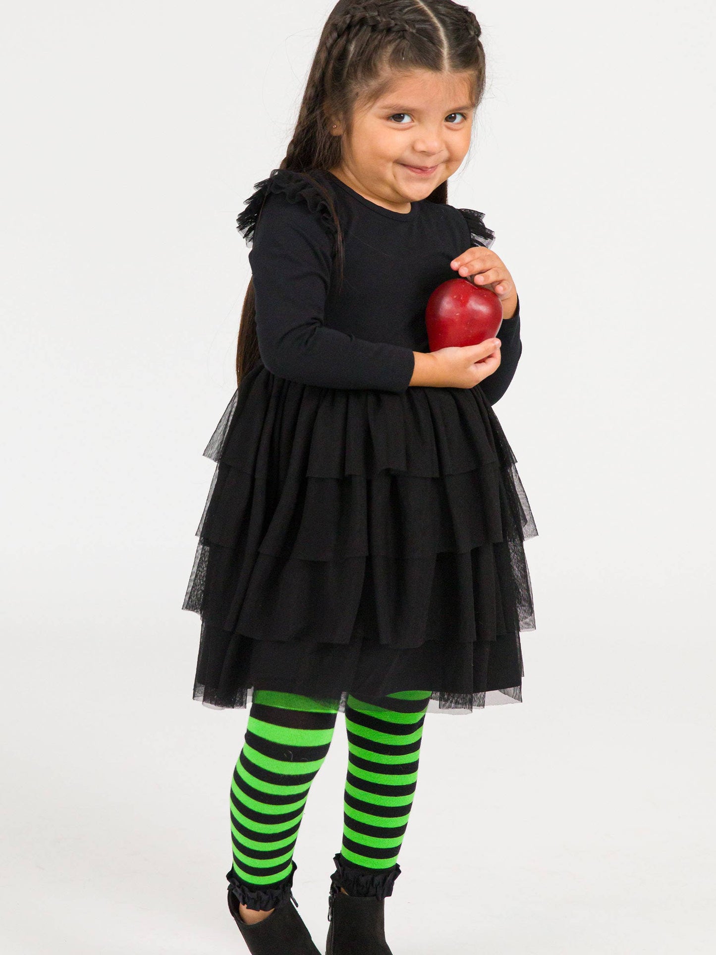 Girls Green & Black Stripe Patterned Footless Ruffle Tights