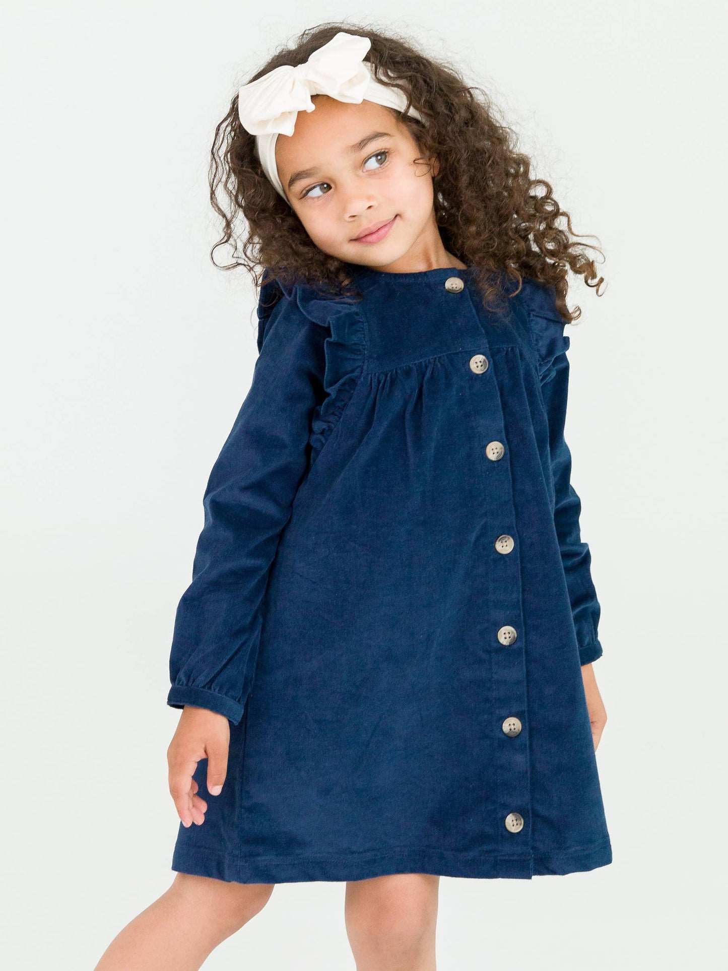 Girls Dark Navy Stretch Corduroy Ruffle Detail Dress