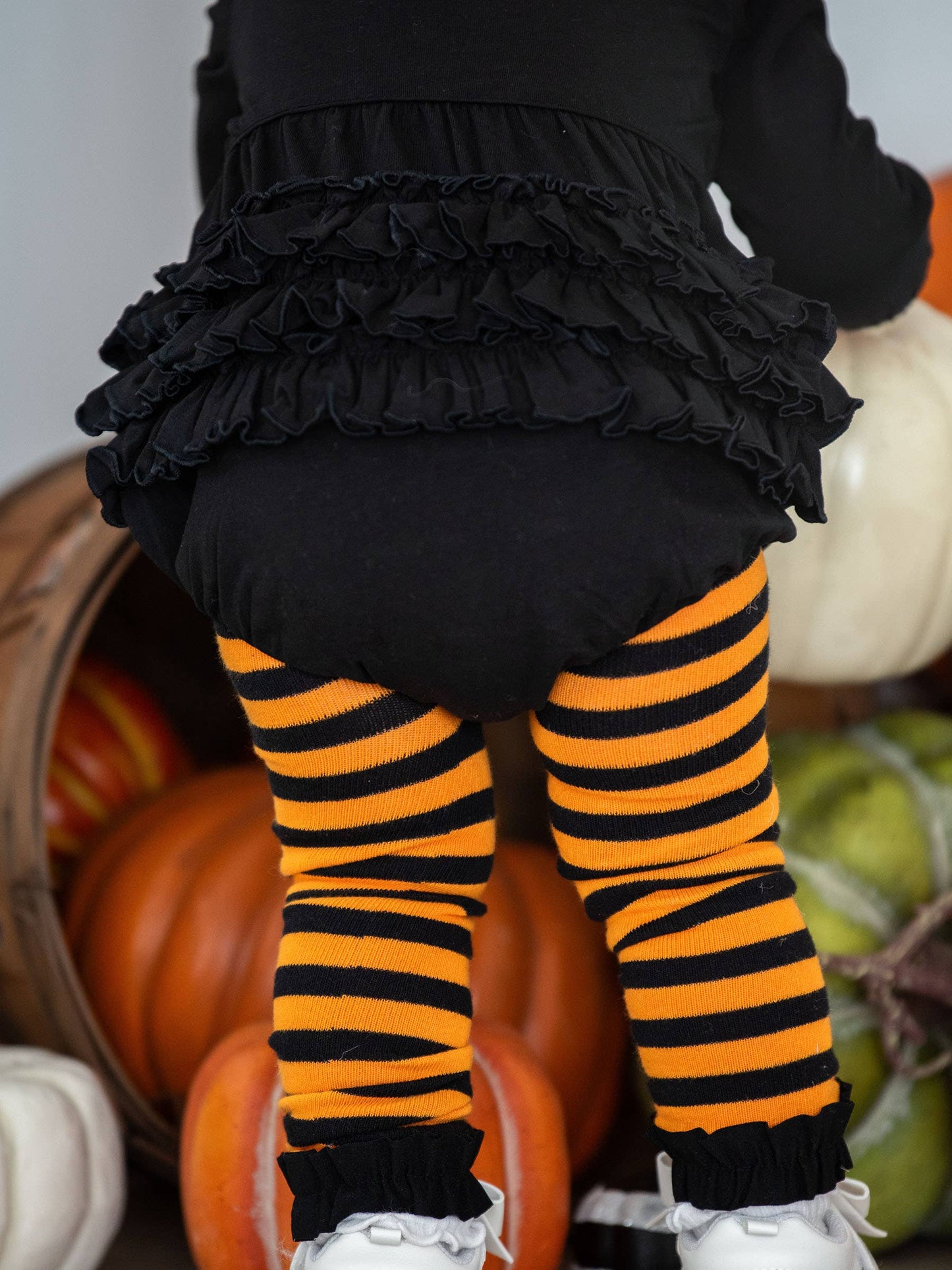 Girls Orange & Black Stripe Patterned Footless Ruffle Tights