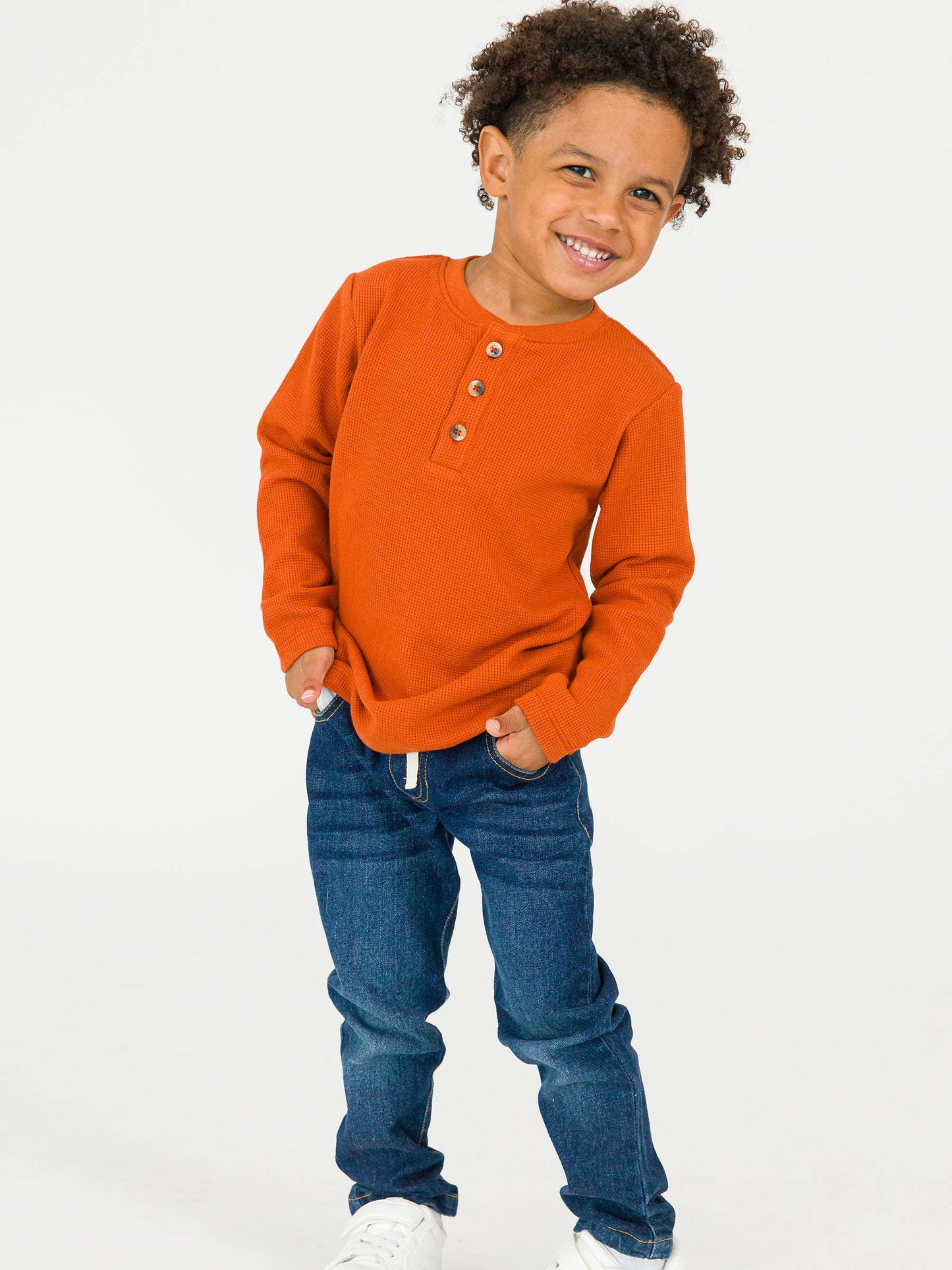 Boys Rust Waffle Knit Long Sleeve Henley Tee