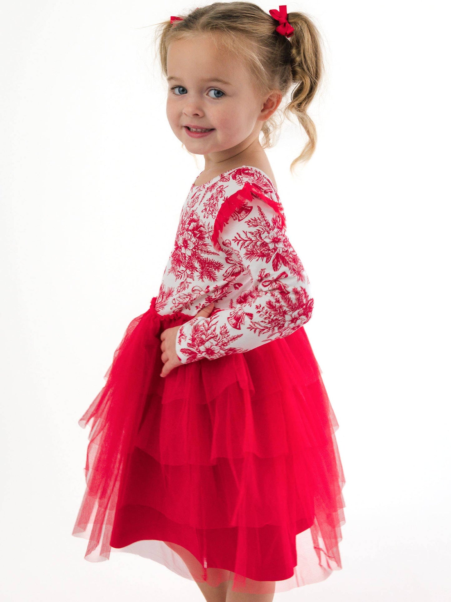 Girls Red Jingle Toile the Way Flutter Tulle Long Sleeve Twirl Dress