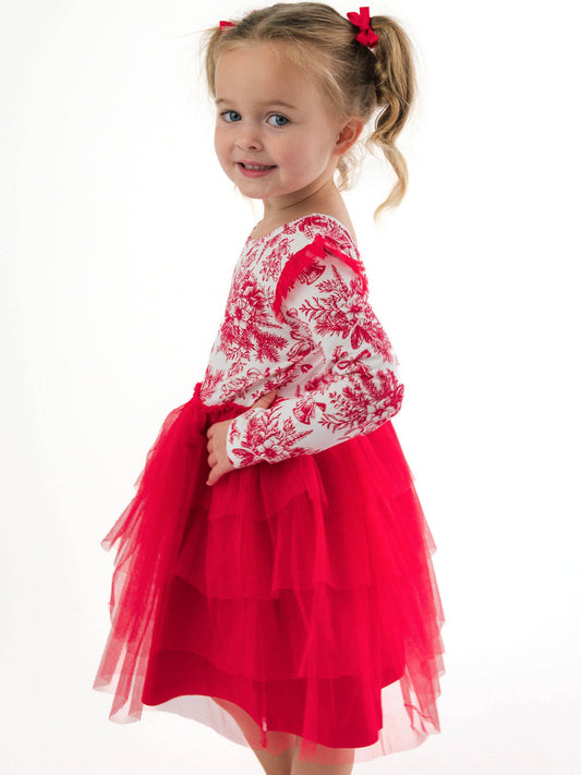 Girls Red Jingle Toile the Way Flutter Tulle Long Sleeve Twirl Dress