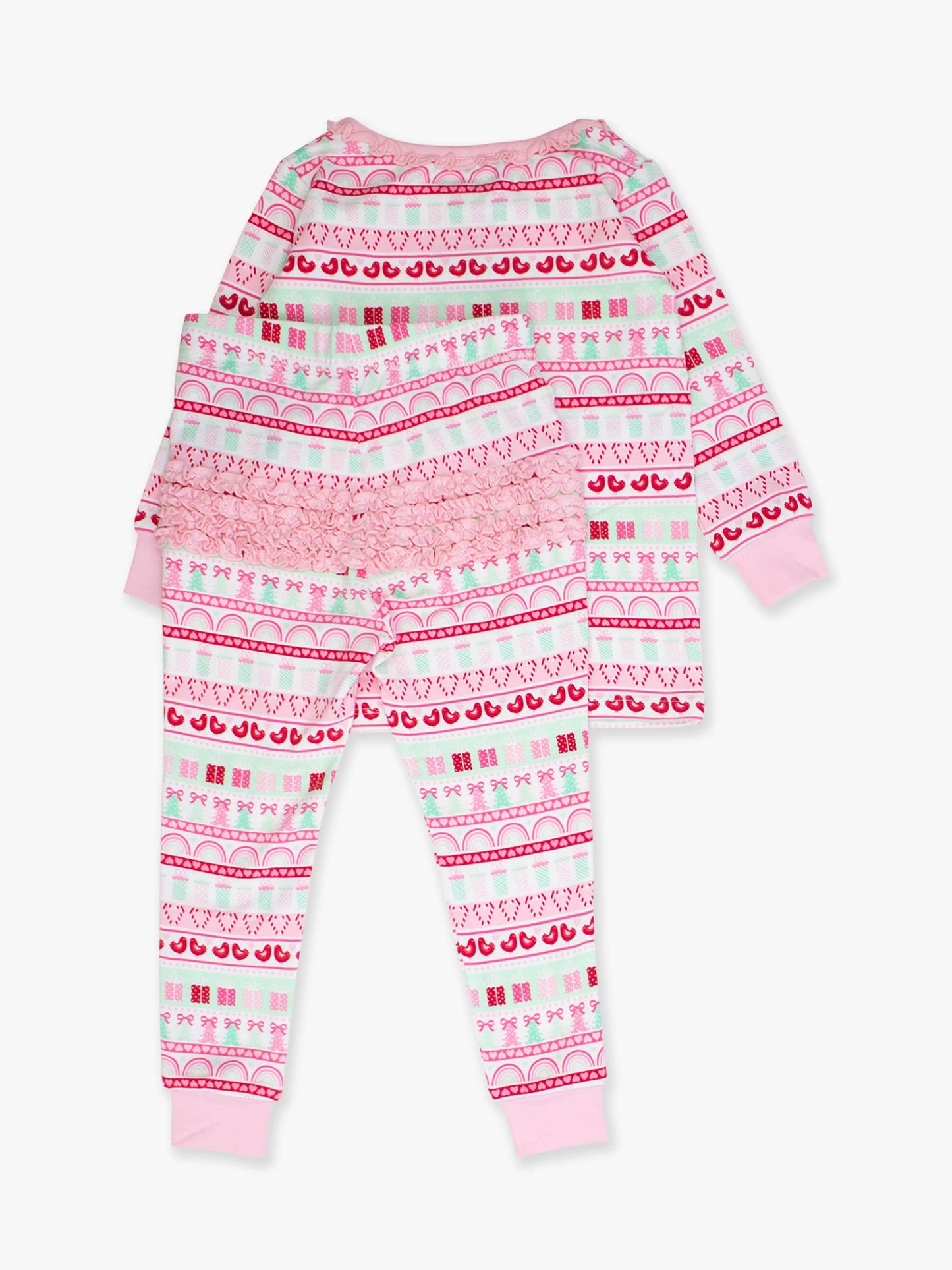 SoftSnooze™ Toddler Girls Cotton Modal Pinkmas Fair Isle Ruffle Long Sleeve Pajama Set with Signature Rear Ruffles