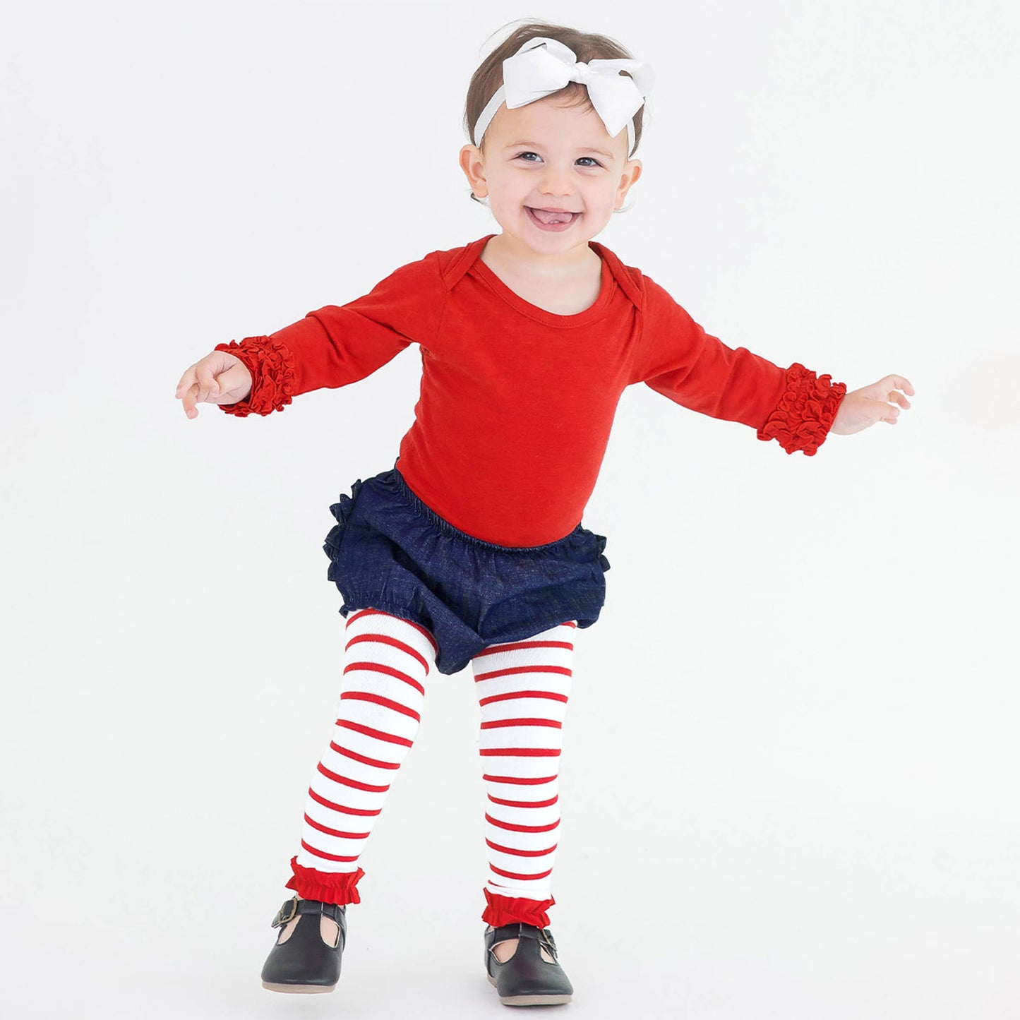 Girls Red & White Stripe Patterned Footless Ruffle Tights