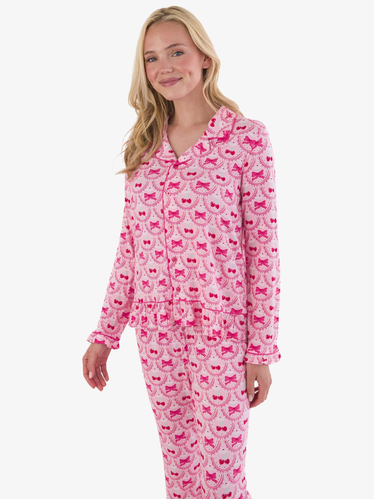 SoftSnooze™ Women's Bamboo Viscose Love You Cherry Much Long Sleeve Button Up Ruffle Flare Pajama Set