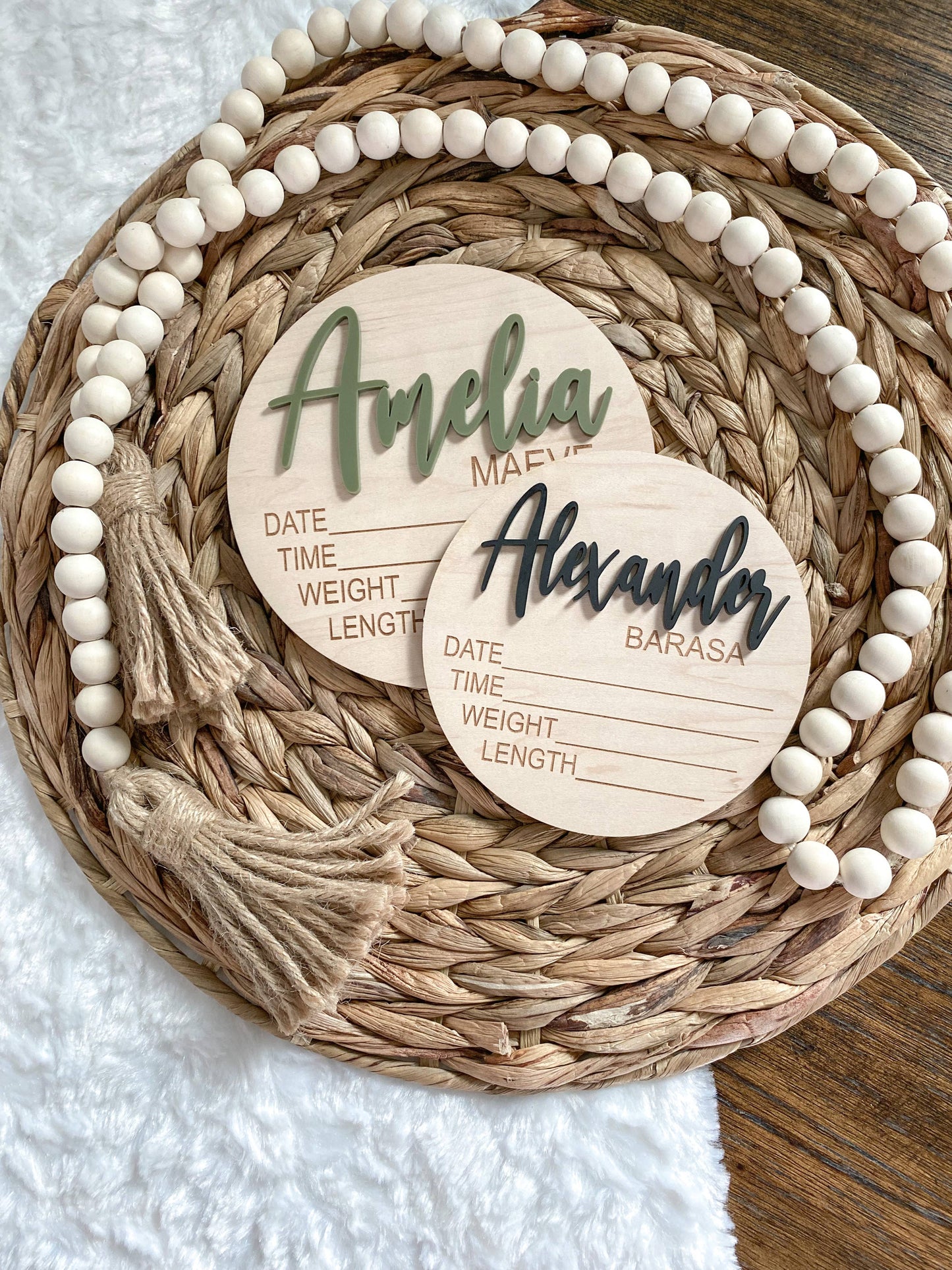 CUSTOM NAME Birth Stat Announcement Wood Disc - Layered 3D