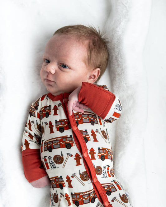 Alcaous Fire Trucks Bamboo Convertible Footie