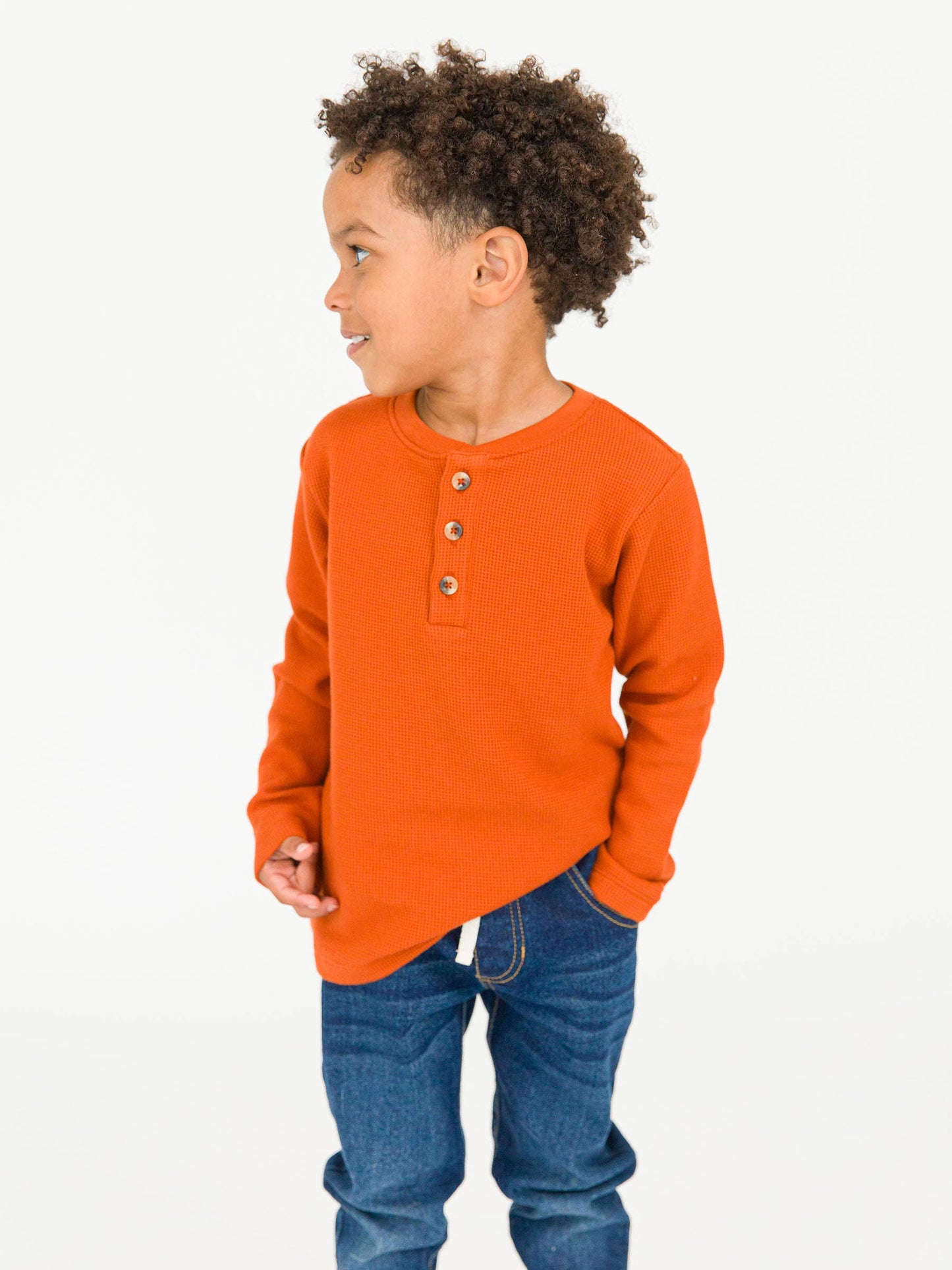Boys Rust Waffle Knit Long Sleeve Henley Tee