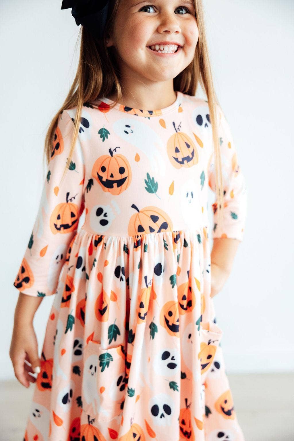 Pumpkin Peekaboo 3/4 Sleeve Pocket Twirl Dress