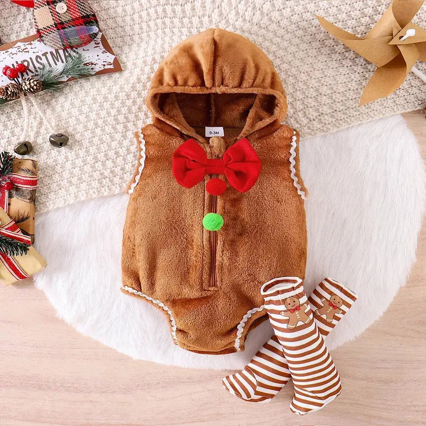 Brown Gingerbread Hooded 3-Piece Baby Romper & Socks