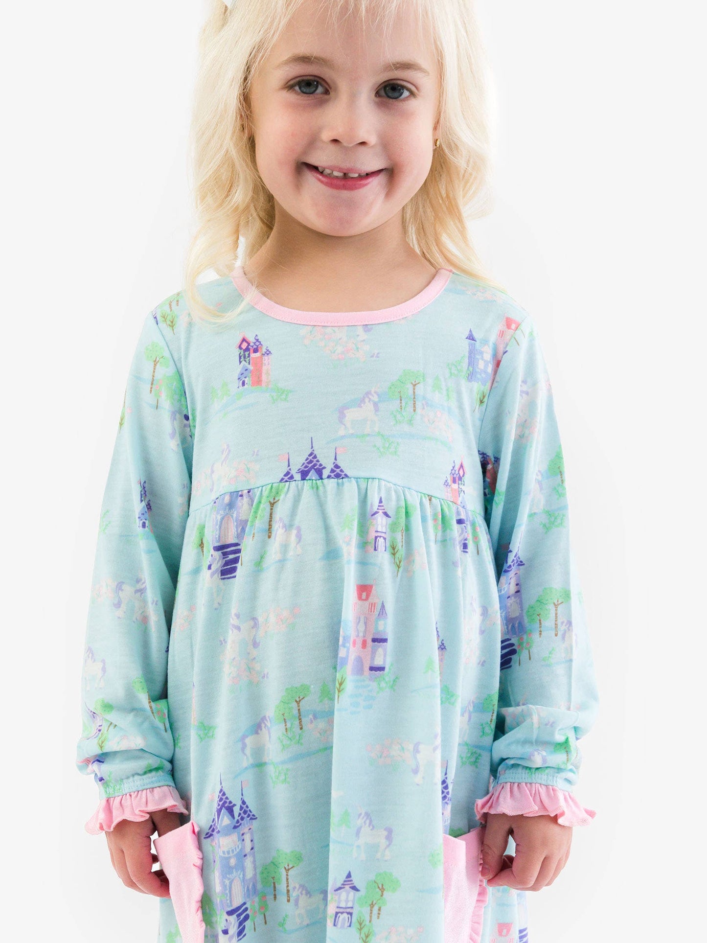 SoftSnooze™ Girls Once Upon a Castle Long Sleeve Ruffle Pocket Pajama Night Gown