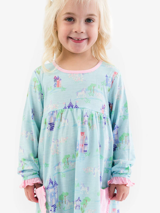 SoftSnooze™ Girls Once Upon a Castle Long Sleeve Ruffle Pocket Pajama Night Gown