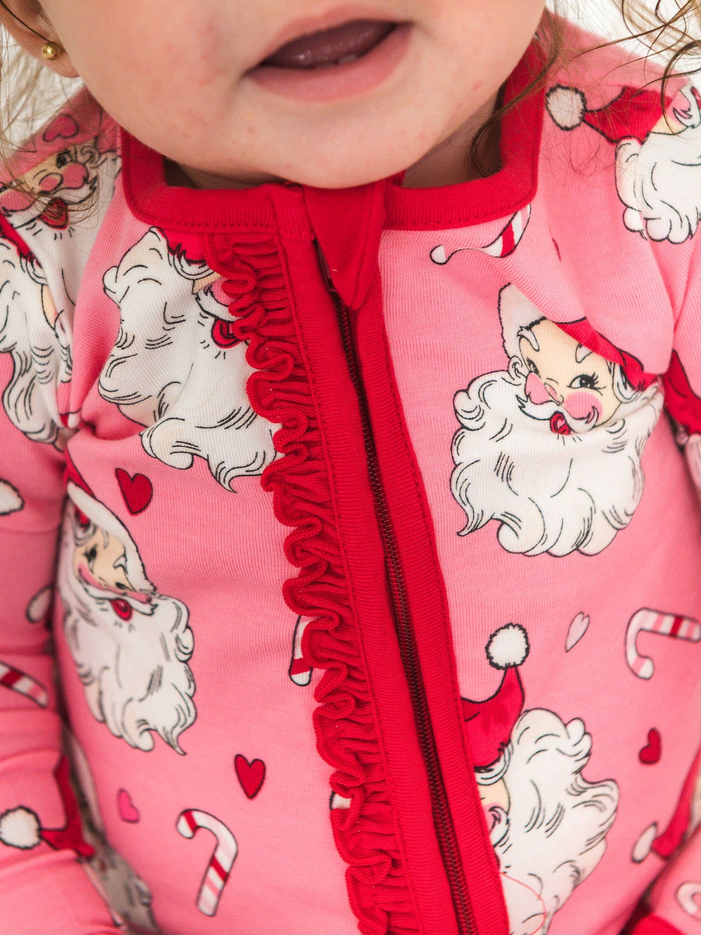 SoftSnooze™ Baby Girls Cotton Modal Pink Santa Joy Footed Ruffle One Piece Pajama