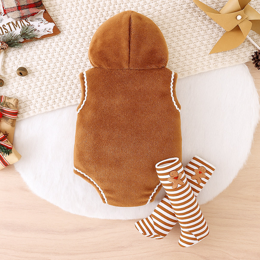 Brown Gingerbread Hooded 3-Piece Baby Romper & Socks