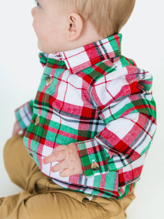 Baby Boys Dashing Dreams Plaid Long Sleeve Button Down Bodysuit