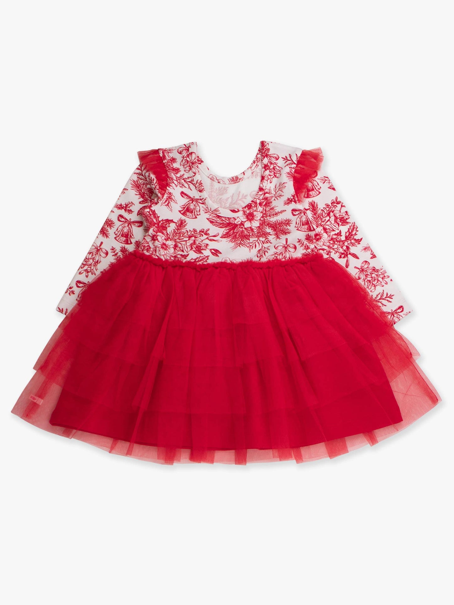 Girls Red Jingle Toile the Way Flutter Tulle Long Sleeve Twirl Dress