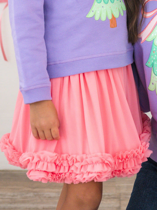 Girls Bubblegum Pink Elastic Waist Ruffle Tulle Skirt