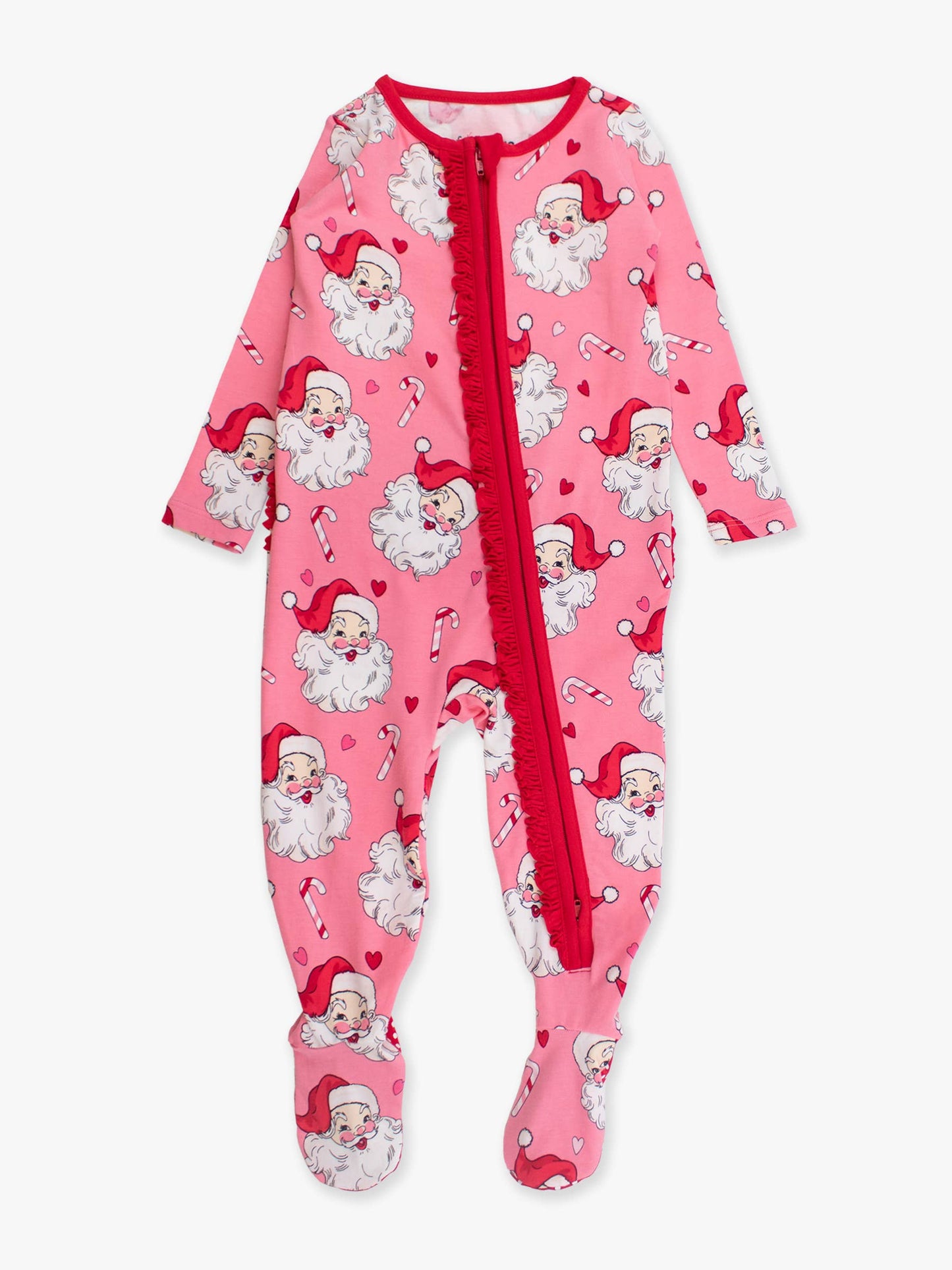 SoftSnooze™ Baby Girls Cotton Modal Pink Santa Joy Footed Ruffle One Piece Pajama