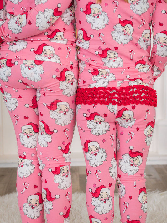 SoftSnooze™ Toddler Girls Cotton Modal Pink Santa Joy Ruffle Long Sleeve Pajama Set with Signature Rear Ruffles