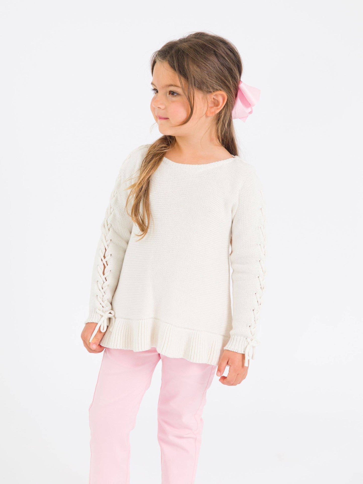 Girls Ivory Ruffle Hem Lace Up Sweater