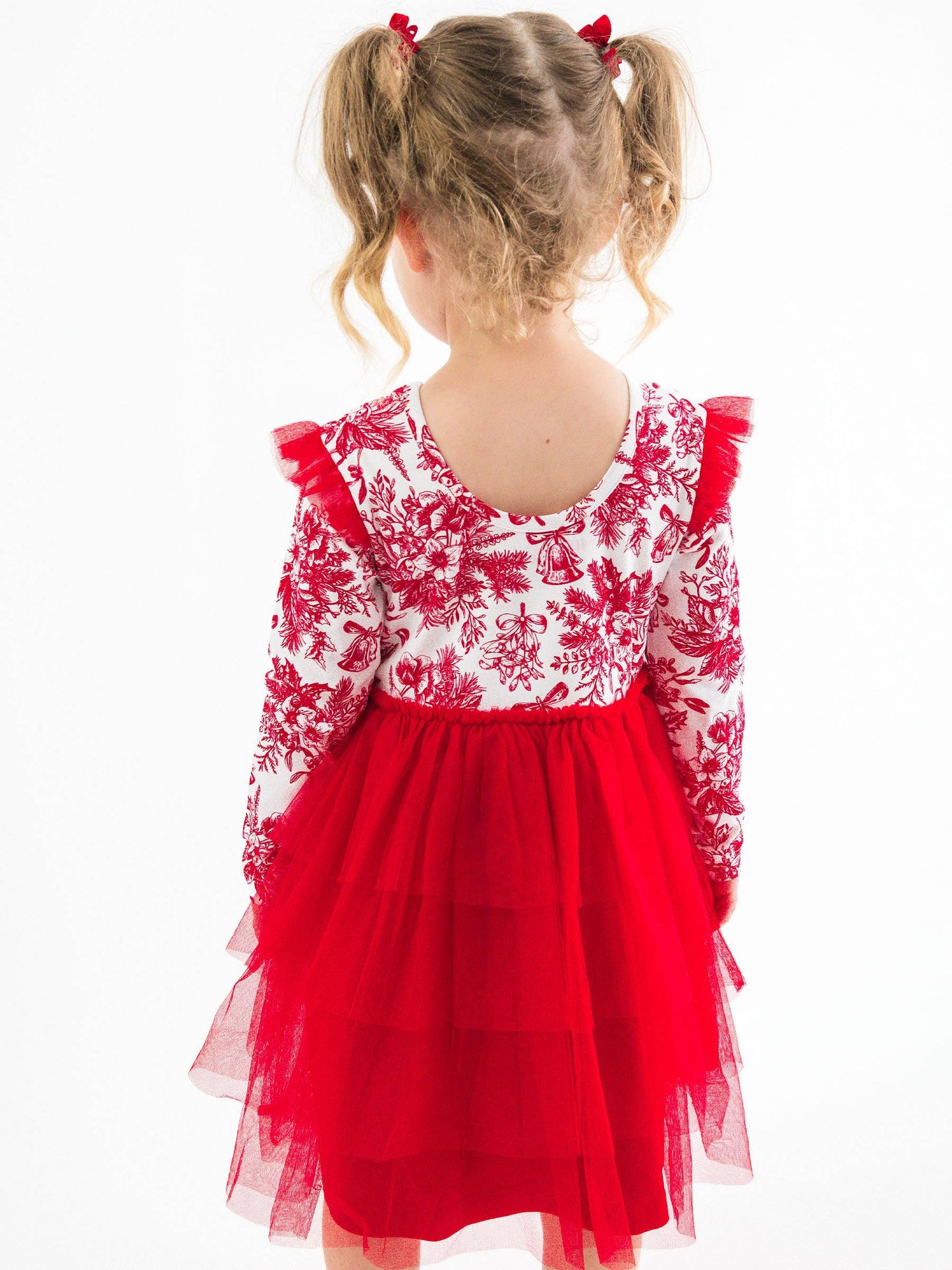 Girls Red Jingle Toile the Way Flutter Tulle Long Sleeve Twirl Dress