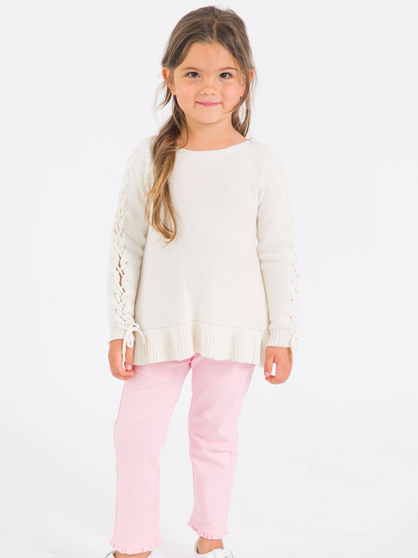 Girls Ivory Ruffle Hem Lace Up Sweater