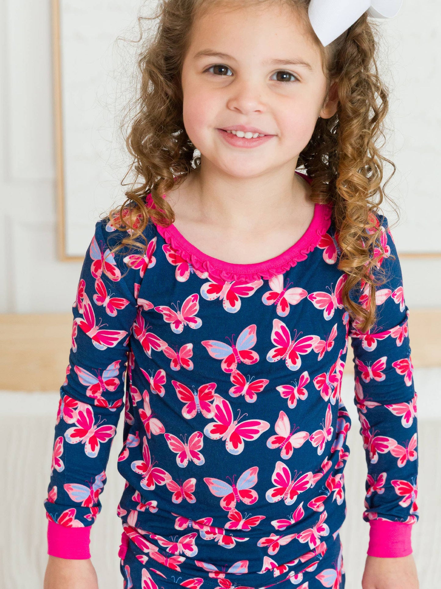 SoftSnooze™ Toddler Girls Bamboo Viscose Butterfly Bliss Ruffle Long Sleeve Pajama Set with Signature Rear Ruffles