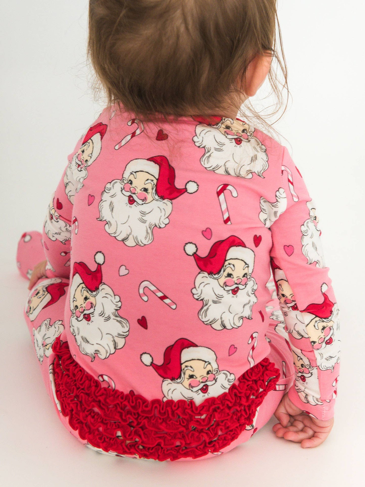 SoftSnooze™ Baby Girls Cotton Modal Pink Santa Joy Footed Ruffle One Piece Pajama